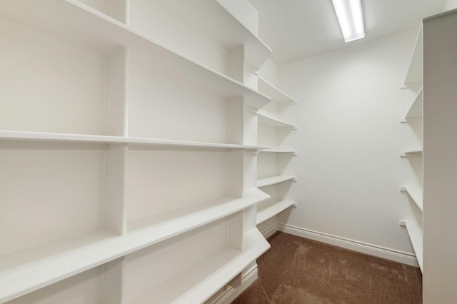 spacious closet featuring dark carpet