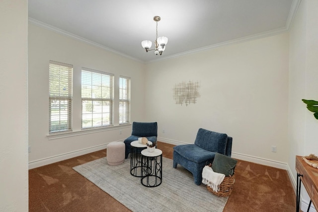 sitting room featuring a notable chandelier, dark carpet, and ornamental molding