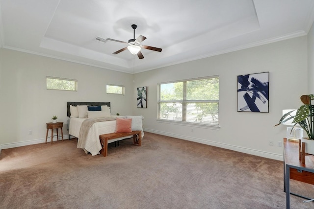 bedroom featuring ceiling fan, a raised ceiling, and carpet floors