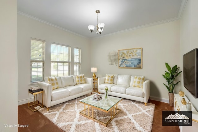 living room with crown molding and a chandelier