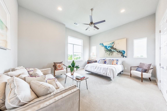 carpeted bedroom with ceiling fan