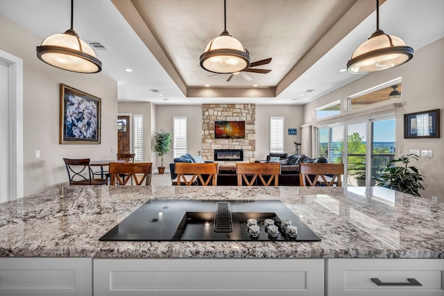 kitchen featuring a healthy amount of sunlight, white cabinets, a raised ceiling, and a fireplace