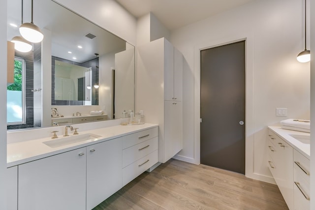 bathroom with wood-type flooring and vanity