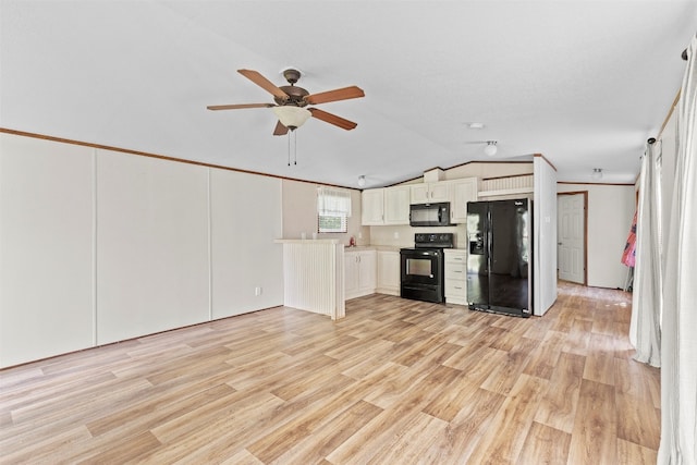 unfurnished living room with light hardwood / wood-style floors, ceiling fan, and lofted ceiling