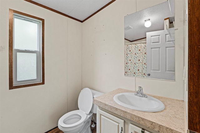 bathroom featuring vanity, toilet, and a textured ceiling