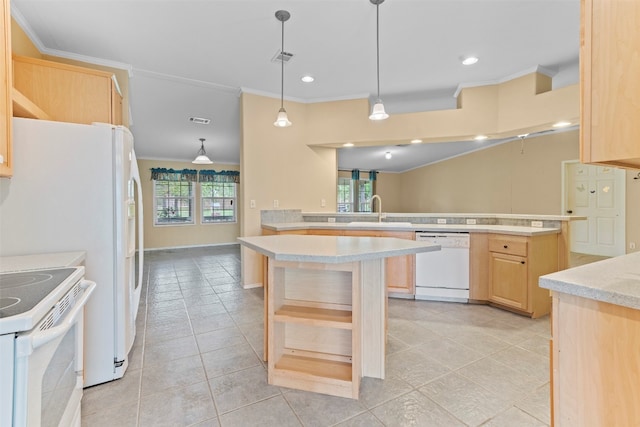 kitchen featuring light brown cabinets, decorative light fixtures, white appliances, sink, and light tile floors