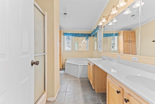 bathroom with tile flooring, double sink vanity, ornamental molding, and shower with separate bathtub