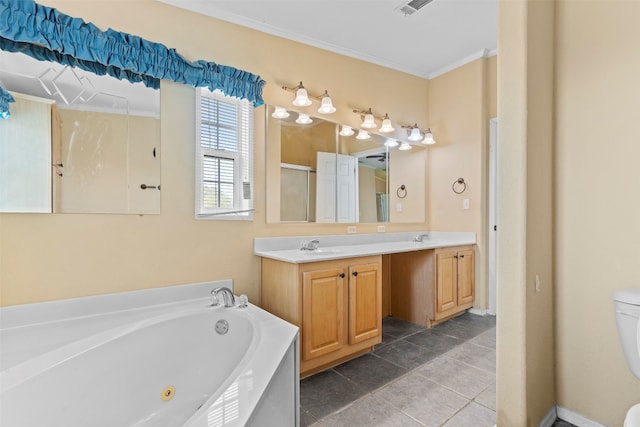 bathroom featuring dual vanity, crown molding, toilet, tile floors, and a bath to relax in