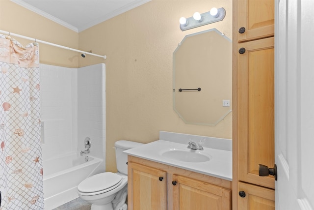 full bathroom with vanity, shower / tub combo, toilet, and ornamental molding