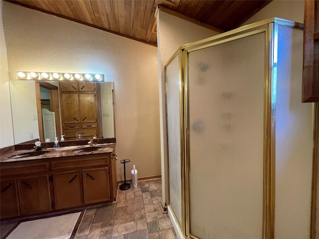 bathroom with vaulted ceiling, tile floors, walk in shower, and wood ceiling