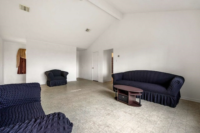 tiled living room with high vaulted ceiling and beamed ceiling