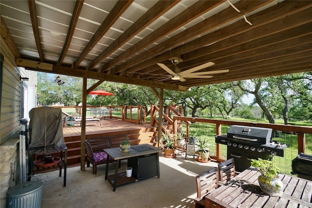 view of patio / terrace featuring a deck, area for grilling, and ceiling fan