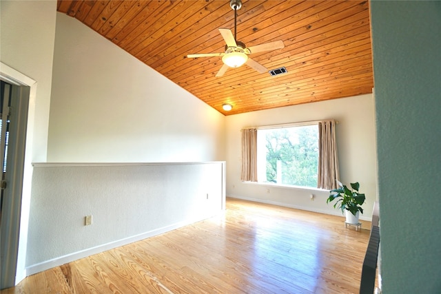 unfurnished room with light wood-type flooring, wooden ceiling, and lofted ceiling