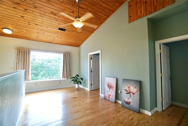 unfurnished room with light hardwood / wood-style floors, ceiling fan, high vaulted ceiling, and wood ceiling