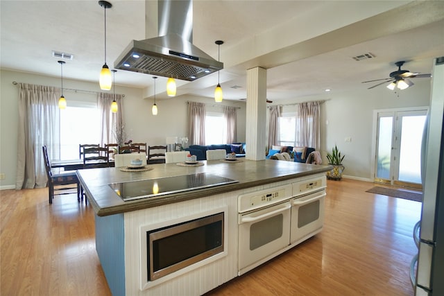 kitchen featuring ceiling fan, pendant lighting, light wood-type flooring, island exhaust hood, and appliances with stainless steel finishes