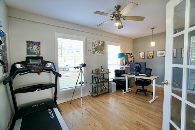 home office featuring ceiling fan and light hardwood / wood-style flooring