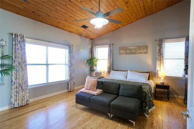 bedroom featuring light wood-type flooring, wooden ceiling, ceiling fan, and lofted ceiling