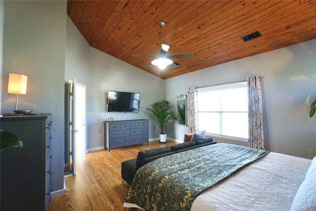 bedroom with light wood-type flooring, wooden ceiling, ceiling fan, and vaulted ceiling