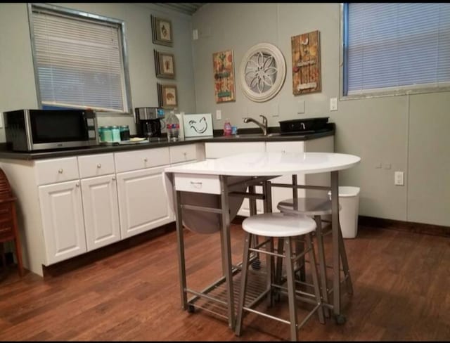 interior space with sink, dark hardwood / wood-style floors, and white cabinets