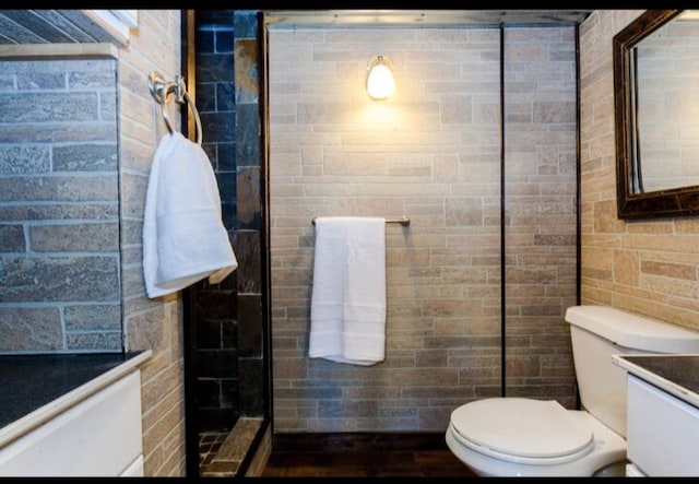 bathroom with vanity, walk in shower, tile walls, and toilet