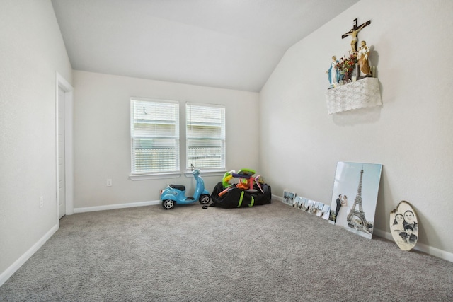 game room with lofted ceiling and carpet floors