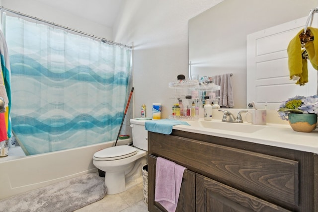 full bathroom with shower / tub combo, toilet, tile floors, and vanity