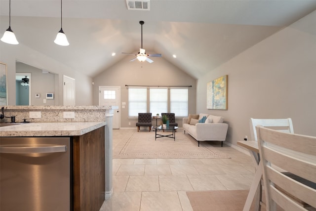 kitchen with dishwasher, ceiling fan, light tile floors, and hanging light fixtures