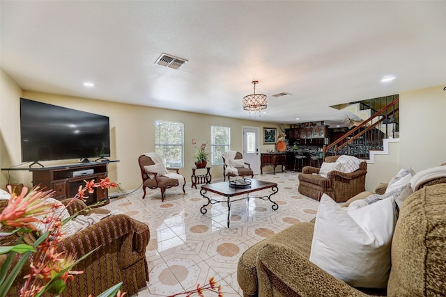 living room featuring light tile patterned floors