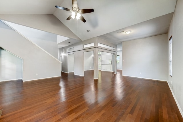 unfurnished room with high vaulted ceiling, ceiling fan, and dark hardwood / wood-style flooring