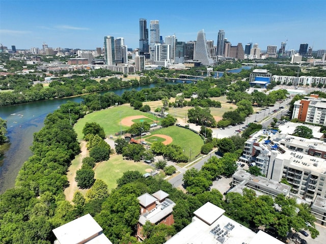 bird's eye view with a water view