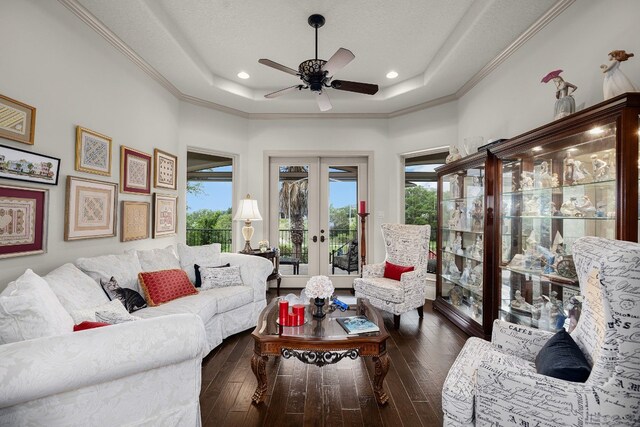 living area featuring dark wood-style floors, ornamental molding, a raised ceiling, and french doors