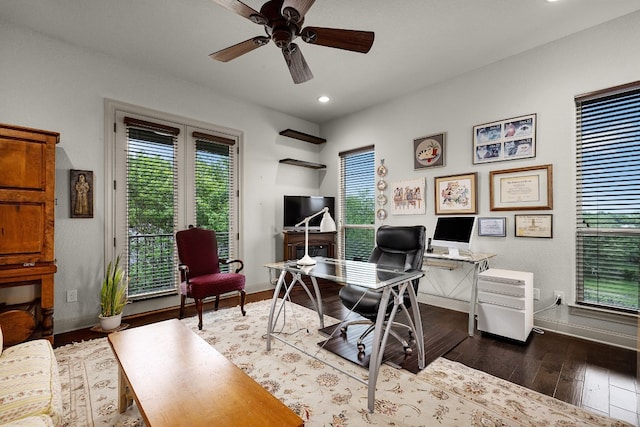 home office with ceiling fan, recessed lighting, dark wood finished floors, and baseboards