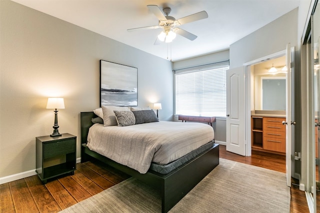 bedroom featuring ceiling fan and dark wood-type flooring