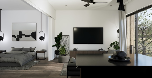 bedroom with ceiling fan and dark hardwood / wood-style floors