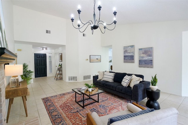 tiled living room with high vaulted ceiling and a chandelier