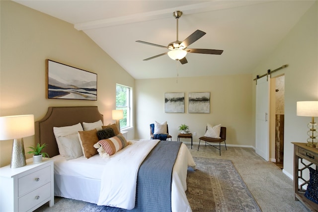 carpeted bedroom featuring vaulted ceiling with beams, ceiling fan, and a barn door