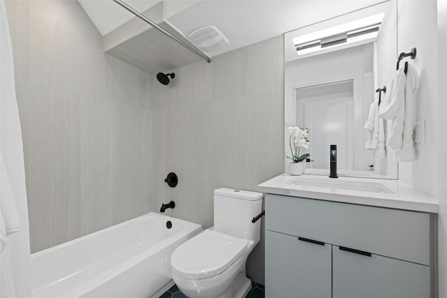 full bathroom with toilet, shower / tub combo with curtain, and vanity