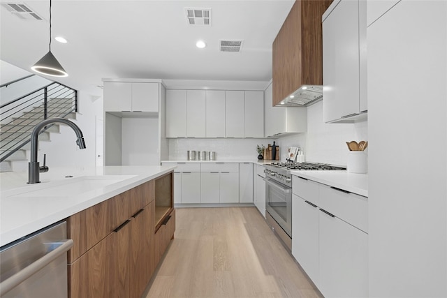 kitchen featuring light hardwood / wood-style floors, appliances with stainless steel finishes, hanging light fixtures, white cabinets, and sink