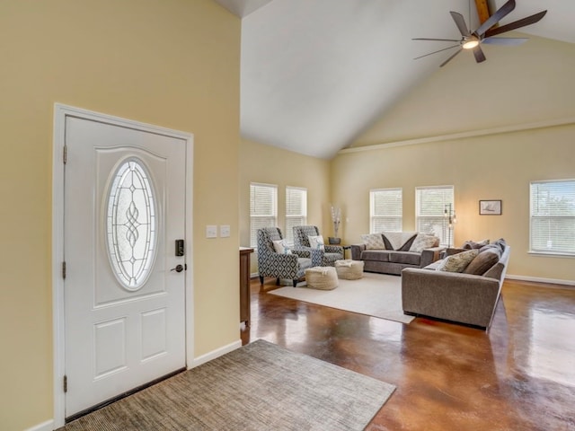 entrance foyer featuring plenty of natural light, ceiling fan, and high vaulted ceiling