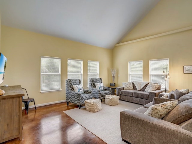 living room featuring high vaulted ceiling and concrete flooring