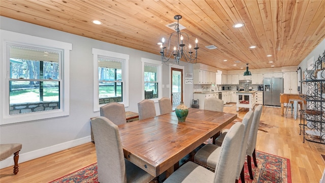 dining room with wood ceiling, a notable chandelier, and light wood-type flooring