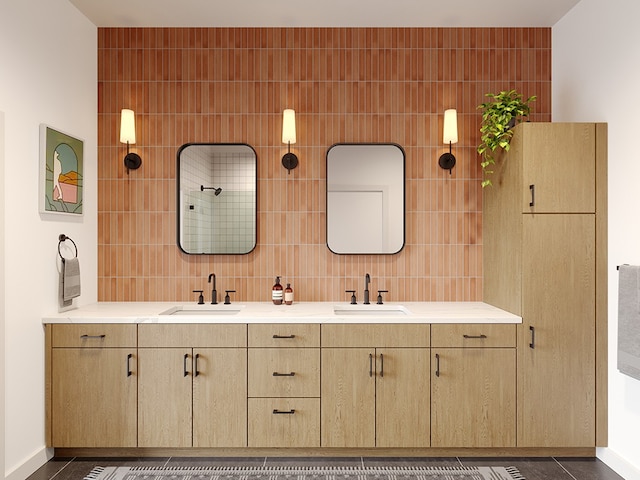 bathroom featuring tile walls and vanity