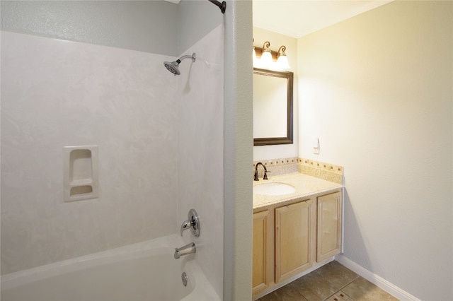 bathroom with vanity, bathing tub / shower combination, and tile patterned flooring