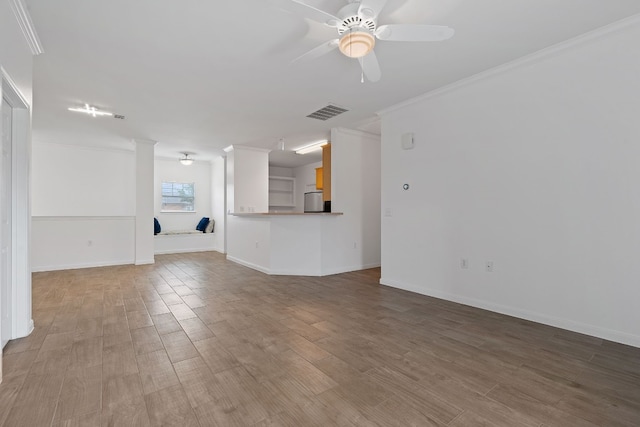 unfurnished living room with wood-type flooring, crown molding, and ceiling fan