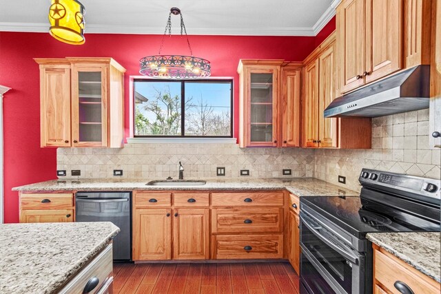 kitchen with dishwashing machine, black / electric stove, wood-type flooring, tasteful backsplash, and sink