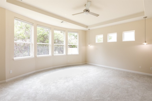 carpeted spare room with a healthy amount of sunlight, ceiling fan, and a tray ceiling