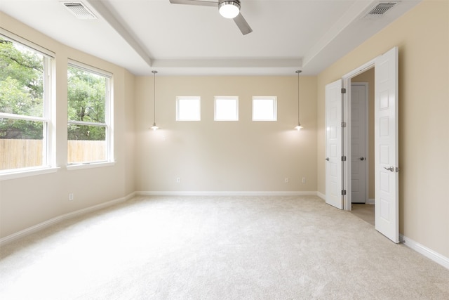 spare room with light colored carpet, a raised ceiling, and ceiling fan