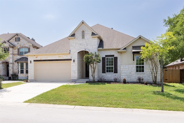 french country home with a garage and a front yard