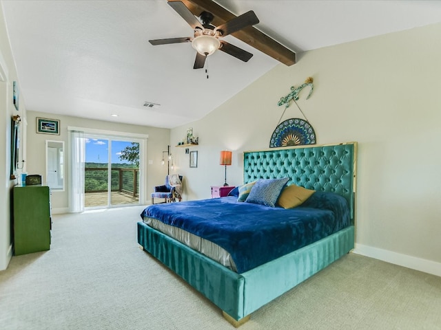 bedroom featuring ceiling fan, light carpet, vaulted ceiling with beams, and access to exterior