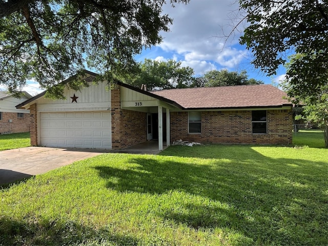 ranch-style home with a garage and a front yard